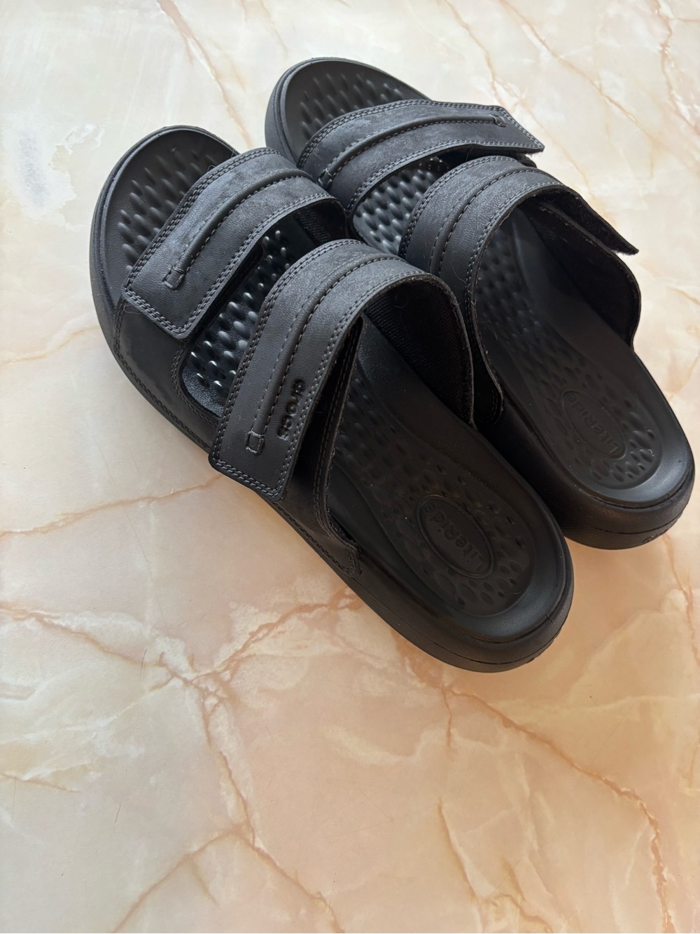 CROCS Men's Black Double-Strap Leather Adjustable Slide Sandals